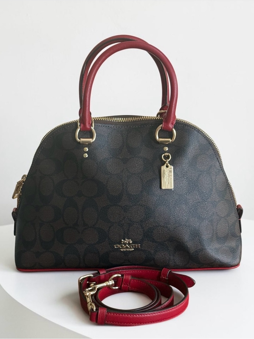 NWOT Coach Katy Signature Dome Satchel Crossbody Brown Red Leather EUC!